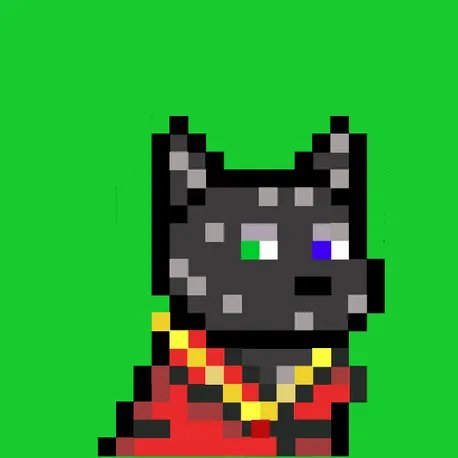 A pixelated black wolf or dog character with green and purple eyes wears a red and yellow outfit against a bright green background.