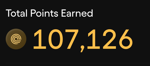 A black screen displays 'Total Points Earned' with a large gold number '107,126' next to a circular logo.