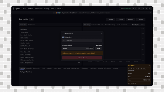 A screenshot of the Lighter trading platform interface showing a "Fast Withdrawal" dialog for 4.54 USDC, with a red warning that "A $3 withdrawal fee is waived when staking at least 50 LIT," and a price ticker showing LIT at 18.70.