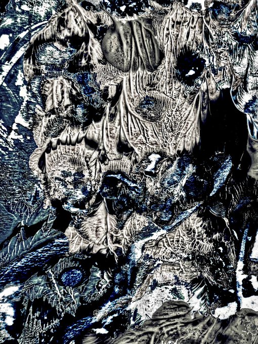 A dark, abstract digital artwork with heavily textured, metallic-looking surfaces in blue, silver, and black tones.