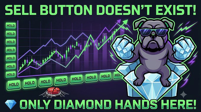 A graphic showing a stock chart with green and purple lines, a bulldog with diamond hands, and text reading 'SELL BUTTON DOESN'T EXIST!' and 'ONLY DIAMOND HANDS HERE!'.
