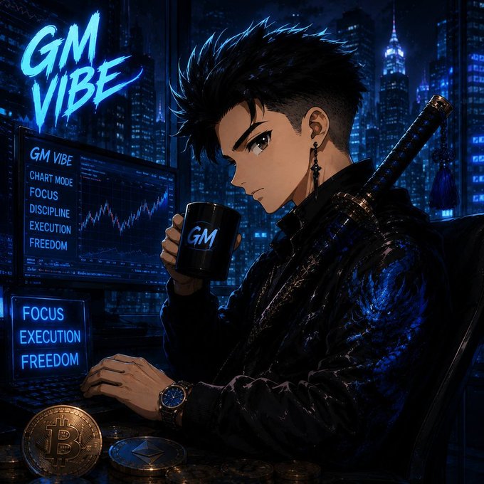 An anime-style digital illustration depicts a young man in a dark, modern setting holding a 'GM' coffee mug, with screens displaying trading concepts like 'GM VIBE', 'FOCUS', 'DISCIPLINE', 'EXECUTION', and 'FREEDOM', alongside Bitcoin and Ethereum coins.