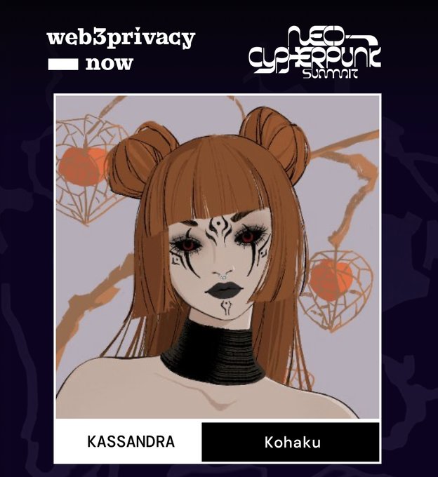 The image features a woman with long brown hair wearing a black outfit, possibly a gothic or punk style ensemble. She has red eyes and makeup, giving her an edgy appearance. The background of the image is purple, which complements the overall look of the woman's outfit. The caption below the image reads "Wonderful @kassandraETH joins Neo-Cypherpunk Summit in Berlin. They represent the  joy of activism" with a link to the post that says "Web3.privacy.now".