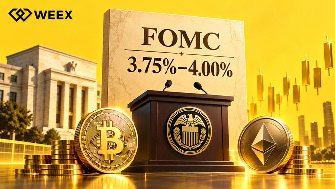 A WEEX-branded promotional graphic shows a Federal Reserve-style podium flanked by Bitcoin and Ethereum coins, with a placard reading "FOMC 3.75%–4.00%" against a golden backdrop featuring the Federal Reserve building and candlestick charts—visually illustrating the post's coverage of the Fed's September 2026 rate hike to 3.75%-4.00% and its hawkish implications for crypto markets.