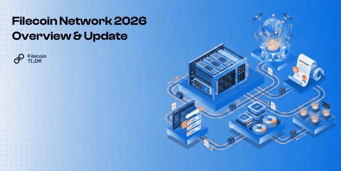 A digital illustration promoting the 'Filecoin Network 2026 Overview & Update,' featuring isometric graphics of server racks, data storage drives, and a globe, with a tag for 'Filecoin TL;DR'.