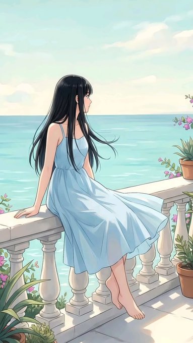 An anime-style illustration shows a girl with long black hair in a light blue dress sitting on a stone balcony overlooking the ocean, with potted flowers nearby.