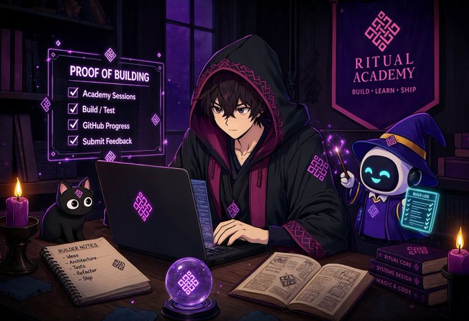 An anime-style illustration of a hooded character working on a laptop at a desk, associated with the 'Ritual Academy' and 'Proof of Building', featuring a black cat and a witch-robed mascot.