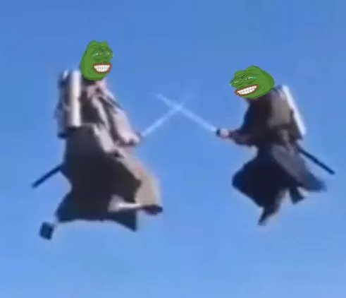 A meme image showing two figures in samurai-style robes appearing to fight in mid-air against a blue sky, with green Pepe the Frog smiling faces edited onto their heads.