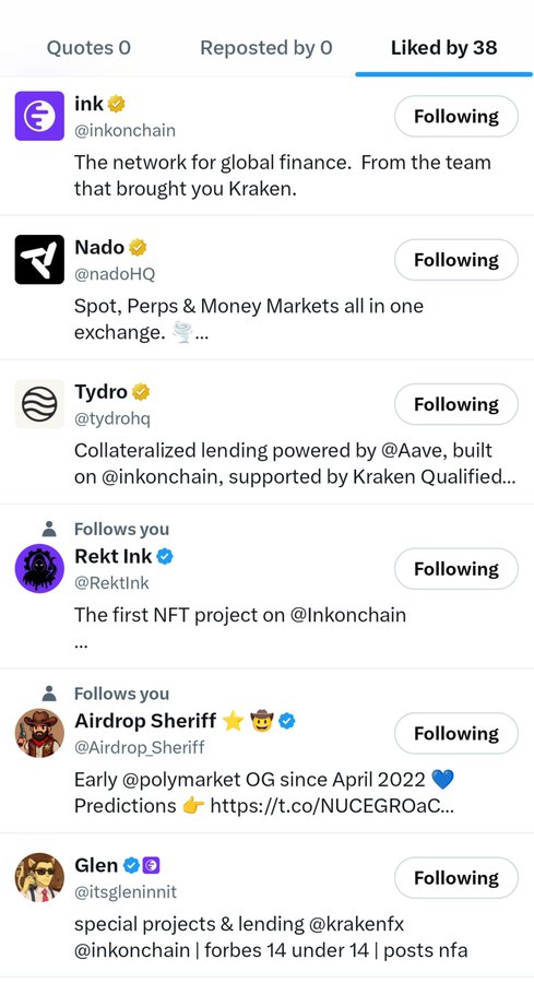 A social media profile list showing accounts the user follows, including @inkonchain ("The network for global finance. From the team that brought you Kraken."), @nadoHQ, @tydrohq, @RektInk, @Airdrop_Sheriff, and @itsgleninnit.