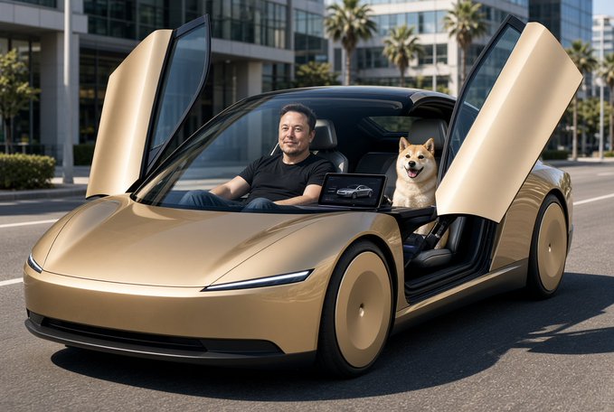 A gold-colored futuristic car with scissor doors open, showing a man resembling Elon Musk driving and a Shiba Inu dog in the passenger seat.