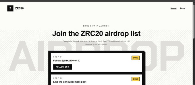 A screenshot of the ZRC20 fairlaunch airdrop registration page (zrc20.io) showing steps including following @bitx2100 on X and liking an announcement post, promoting ZRC20 as the native token standard of Zcash built by the BitX team.