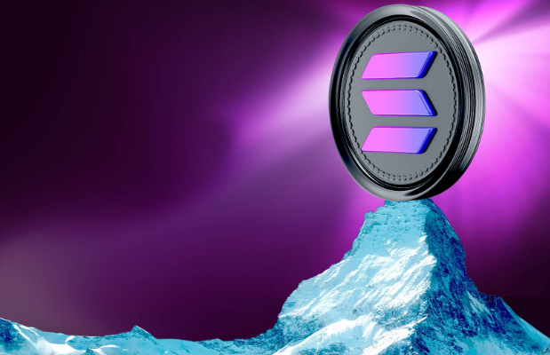 A 3D-rendered cryptocurrency coin with a purple and pink gradient logo emerging from an iceberg in dark purple-pink waters, representing Solana's branding.