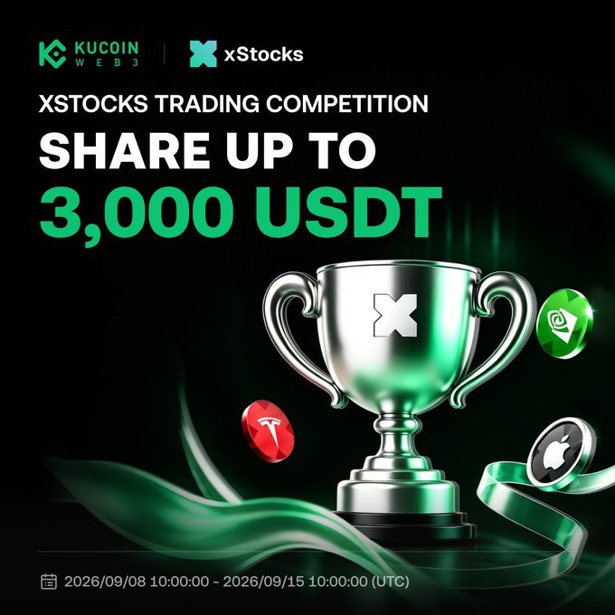 The image is a promotional banner for the KuCoin Web3 xStocks Trading Competition, featuring a silver trophy with the "x" xStocks logo surrounded by tokenized stock coins (Tesla, Apple, and xStocks) against a dark green background. Key text includes "XSTOCKS TRADING COMPETITION," "SHARE UP TO 3,000 USDT," and the event dates "2026/09/08 10:00:00 - 2026/09/15 10:00:00 (UTC)," reinforcing the post's call to action for participants to join and compete for a share of the 3,000 USDT prize pool.