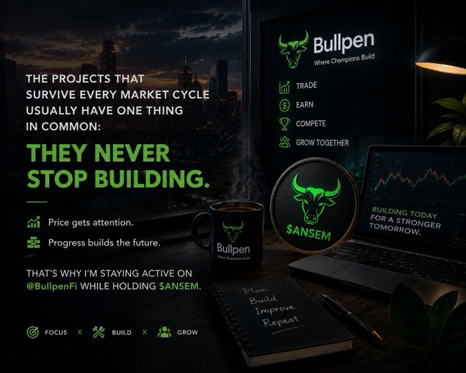 A promotional image for Bullpen with the slogan 'They never stop building,' promoting the $ANSEM token and @BullpenFi platform.