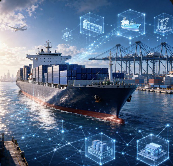 A digital illustration of a container ship at a port overlaid with glowing blue holographic icons of ships, cargo, and network nodes, depicting logistics technology.
