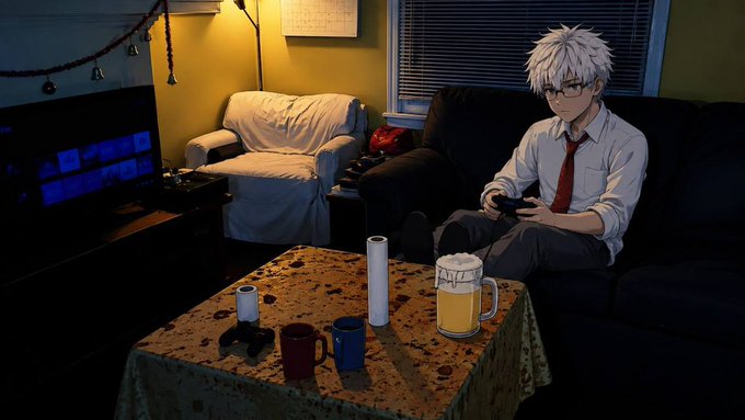 An anime-style illustration depicting a young man with white hair and glasses sitting on a couch playing video games, with a table holding beer and mugs in the foreground.