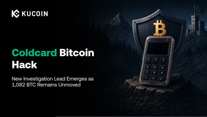 A KuCoin promotional graphic for an article titled "Coldcard Bitcoin Hack: New Investigation Lead Emerges as 1,082 BTC Remains Unmoved," featuring a hardware wallet device depicted as a shield with a Bitcoin logo, set against a dark mountainous backdrop. The image visually reinforces the post's coverage of the Coldcard exploit, symbolizing cryptocurrency security with the wallet-as-shield imagery.