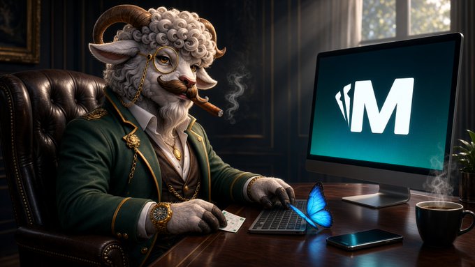An anthropomorphic white sheep character with ram horns, a mustache, and a monocle smokes a cigar while typing on a keyboard at a desk, with a monitor displaying a large 'M' logo nearby.
