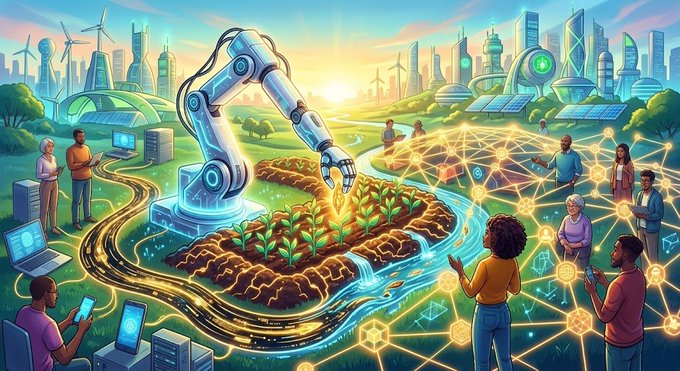 A futuristic cityscape features a robotic arm tending to crops alongside people using digital devices, symbolizing the integration of AI productivity, Web3 connectivity, and data as a valuable resource central to Cai Wensheng's vision.
