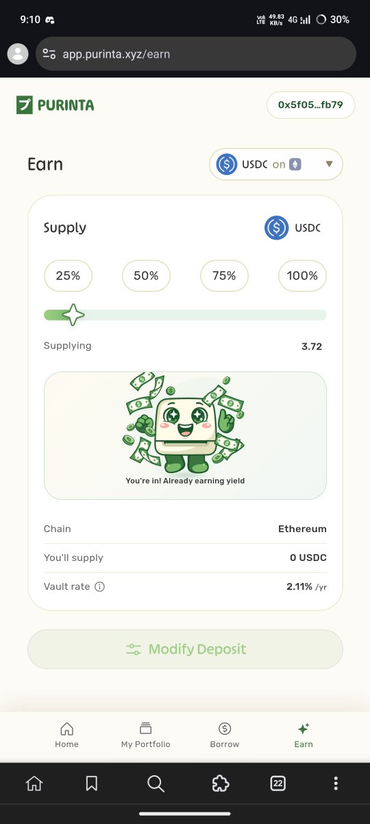 A mobile screenshot of the Purinta app showing an 'Earn' page where a user is supplying USDC on Ethereum at a 2.11% vault rate.
