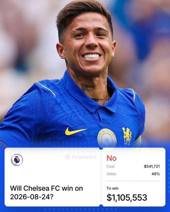 A Polymarket bettor placed a $541,721 wager on "No" for Chelsea FC winning on 2026-08-24, at 49% odds, standing to win $1,105,553. The image features Chelsea's Enzo Fernández in kit, representing the high-stakes wager described in the post about the bettor's largest position betting against Chelsea.