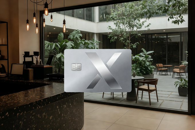 A silver card featuring the 𝕏 logo floats in a modern, plant-filled lounge space, symbolizing Elon Musk's new "𝕏 Money" financial product. The premium setting reflects the platform's ambition to offer elevated, lifestyle-oriented financial perks to its users.