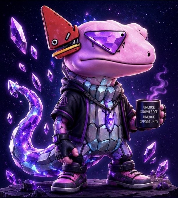 A cartoon lizard wearing sunglasses and a crystal-encrusted outfit holds a mug reading "UNLOCK KNOWLEDGE / UNLOCK OPPORTUNITY" amid floating purple crystals, satirizing the social media grind and engagement tactics the post laments.
