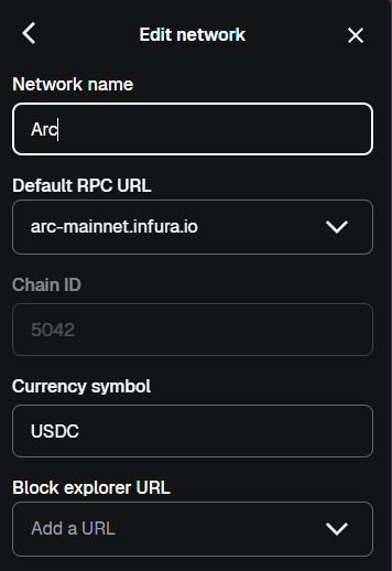 The image shows a wallet's "Edit network" configuration screen for Arc mainnet, with the Network name "Arc," RPC URL "arc-mainnet.infura.io," Chain ID "5042," and Currency symbol "USDC" pre-filled to match the network details mentioned in the post, allowing users to update their wallet settings to view balances and perform swaps.