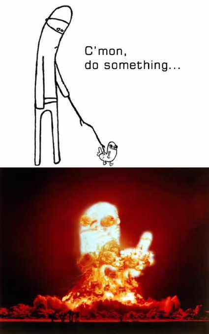 A two-panel meme shows a stick figure saying 'C'mon, do something...' to a tiny bird, followed by an image of a nuclear mushroom explosion.