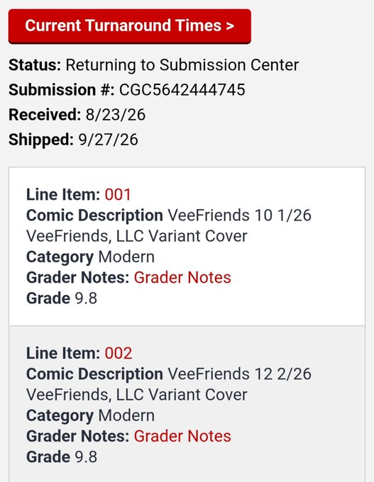 A CGC grading submission status screen showing submission #CGC564244745 with two VeeFriends comic variant covers from 2026, both graded 9.8, received 8/23/26 and shipped 9/27/26.