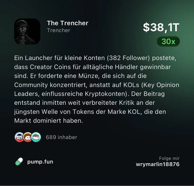 A pump.fun token listing for 'The Trencher' showing a market cap of $38.1T and 30x multiplier, with German text describing how a launcher with 382 followers posted about Creator Coins for everyday traders.