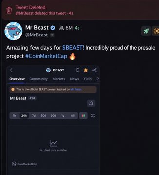 Screenshot of a deleted tweet by @MrBeast celebrating his $BEAST coin presale project on CoinMarketCap, with the tweet reading "Amazing few days for $BEAST! Incredibly proud of the presale project #CoinMarketCap."