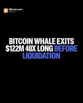 A Bitcoin.com News graphic features bold white text on a black background reading "BITCOIN WHALE EXITS $122M 40X LONG BEFORE LIQUIDATION," with "BEFORE LIQUIDATION" highlighted in blue. The Bitcoin.com logo appears in the top-left corner, and the headline visually summarizes the story of a Hyperliquid whale closing a massive 40x leveraged BTC long position worth $122 million just ahead of its $61,605 liquidation price.