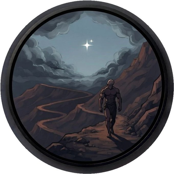 An illustration viewed through a circular lens showing a muscular figure standing on a rocky path under a cloudy night sky with a bright star.