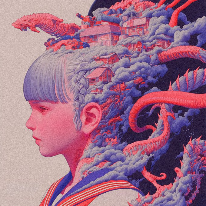 An illustration in pink and blue tones showing a young girl's profile with her hair and head dissolving into surreal floating houses, clouds, and tentacle-like structures.