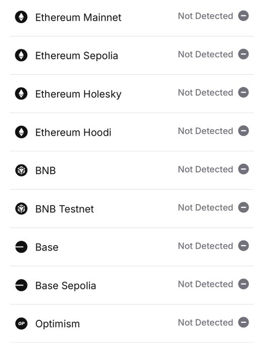 The image shows a wallet authorization list displaying various blockchain networks (Ethereum Mainnet, Ethereum Sepolia, Ethereum Holesky, Ethereum Hoodi, BNB, BNB Testnet, Base, Base Sepolia, and Optimism), all marked as "Not Detected" with minus signs, indicating no active EIP-7702 authorizations. This relates to the post advising everyone to check and revoke their 7702 authorizations across these networks for security purposes.