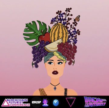 An illustration of a woman with a Carmen Miranda-style fruit headdress, with logos for 'Blockchain Futurist Conference,' GRISP, and 'Back to the Future' visible at the bottom.