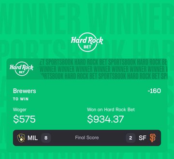 The image shows a Hard Rock Bet winning slip for a Brewers (-160) moneyline wager of $575, returning $934.37 after the Brewers defeated the Giants 8-2 in the final score. This cashed bet exemplifies the "PigeonBETS sweep" referenced in the post, showcasing a successful sportsbook payout.
