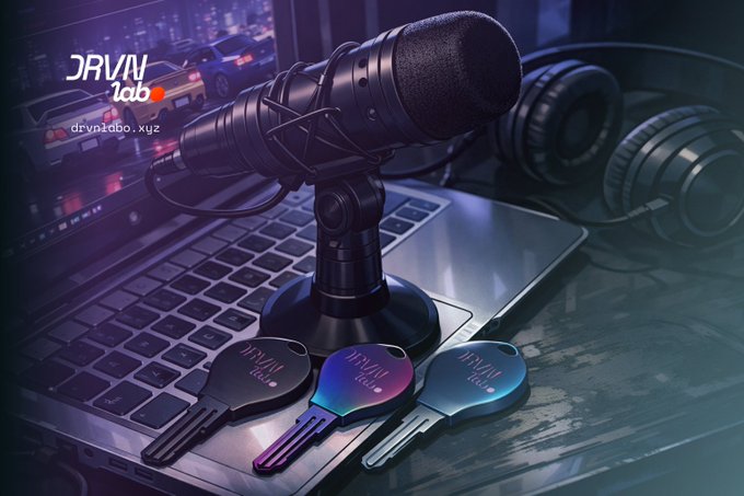 A promotional graphic featuring a black studio microphone on a laptop keyboard, accompanied by colorful key-shaped tokens and black headphones, with the text 'DRVN lab' and 'drvnlab.xyz' displayed in the corner.