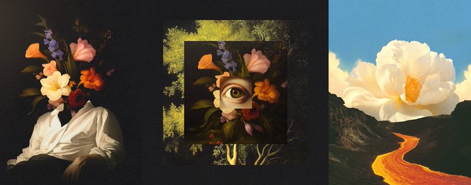 A three-panel artwork showing a figure with flowers covering their face on the left, a close-up of an eye surrounded by flowers in the center, and a large white flower blooming over a flowing orange river on the right.