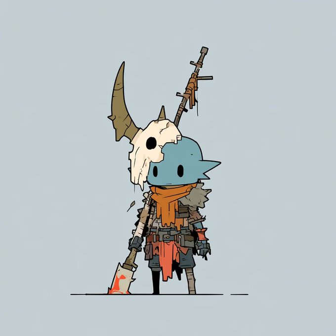 A pixel-art illustration of a small blue creature wearing an animal skull helmet, an orange scarf, and carrying a spear and dagger, resembling a scavenger warrior.
