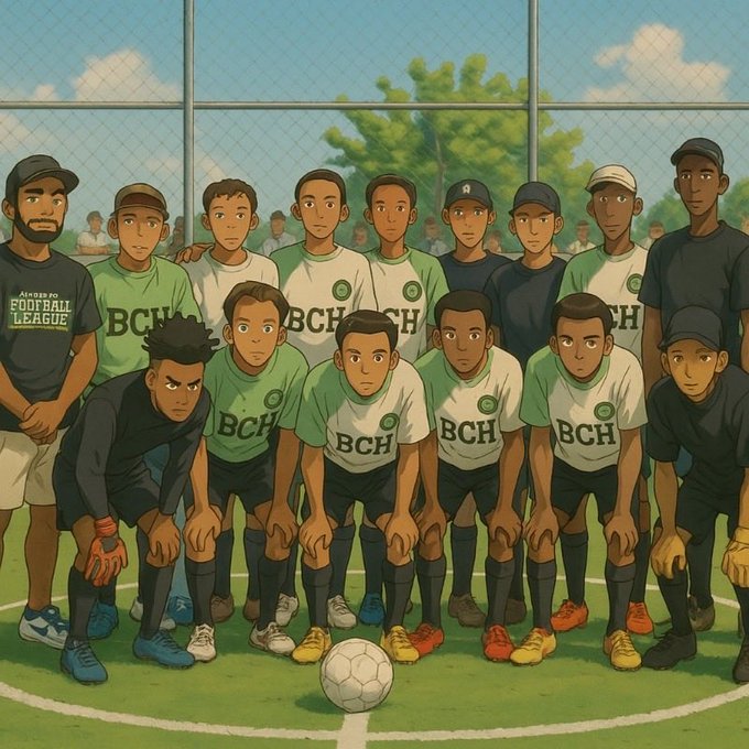 An anime-style illustration of a youth football team wearing green and white 'BCH' jerseys posing for a team photo with their coach on a sunny field.