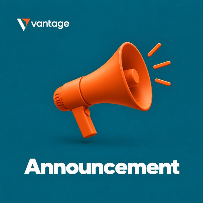 3D-rendered orange megaphone illustration on a teal background with the 'vantage' logo in the top-left and the word 'Announcement' displayed prominently at the bottom.