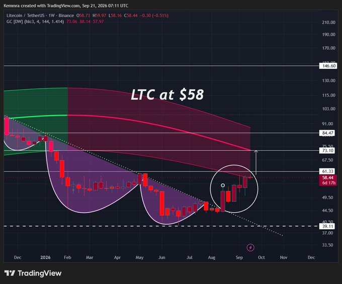 A TradingView chart of Litecoin (LTC/USDT) on Binance showing the price at $58.44, with annotations reading 'LTC at $58' and various technical indicators.