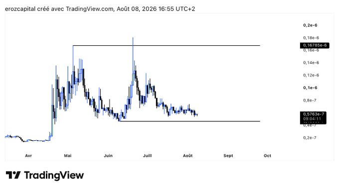 A TradingView candlestick chart titled 'erozcapital' dated August 8, 2026, showing price movements from April to October with values ranging from approximately 0.2e-7 to 0.2e-6, displaying horizontal support and resistance lines.