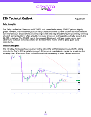 A duplicate of the first image showing the 'BTC Technical Outlook' slide from August 15th with the 'Daily Thoughts' market analysis and Bitcoin candlestick chart.