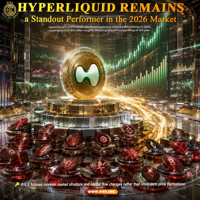 A promotional graphic from 81EX showing a golden Hyperliquid (HYPE) coin on a pedestal surrounded by other cryptocurrency tokens, with trading charts in the background. The headline reads "HYPERLIQUID REMAINS a Standout Performer in the 2026 Market," and accompanying text notes HYPE is trading around $54 after roughly doubling since the beginning of 2026, with the 81EX watermark and tagline "81EX focuses more on market structure and capital flow changes rather than short-term price fluctuations" at the bottom.