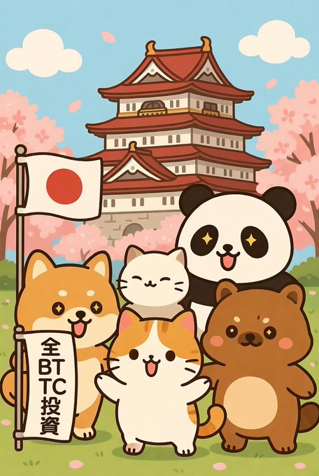 A cute cartoon illustration features a panda, shiba inu dog, calico cat, and brown bear standing together in front of a Japanese castle with cherry blossoms and a Japanese flag, with one dog holding a sign reading '全 BTC 投資'.