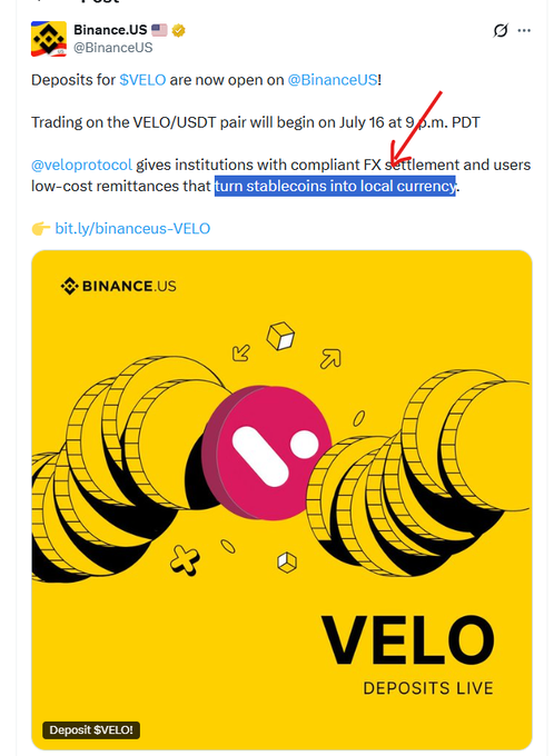 A Binance.US tweet announces that $VELO deposits are now open, with trading for the VELO/USDT pair starting July 16 at 9 a.m. PDT, featuring an Orbit-style graphic with the highlighted phrase "turn stablecoins into local currency"—a phrase that closely mirrors Orbit's branding, suggesting alignment with Orbit's global rollout and US white-label partnerships.