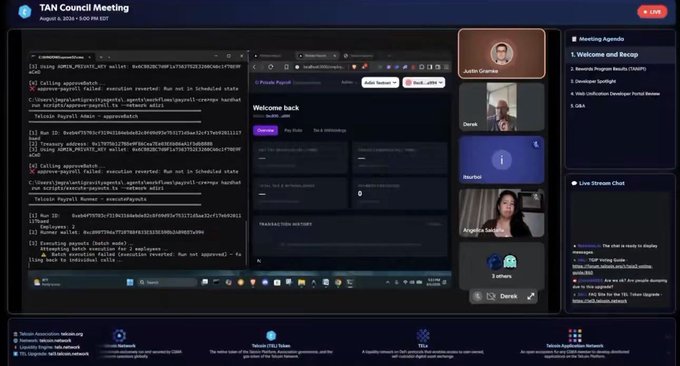 A screenshot of the TAN Council Meeting from August 6, 2024, held via a virtual conference platform featuring Council President Justin Gramke, a code editor displaying payroll smart contract code, and an agenda highlighting the Developer Spotlight on Private Payroll's launch. The image aligns with the post's announcement of Justin Gramke's privacy-preserving payroll engine live on Telcoin's Adiri testnet, which uses Chainlink CRE for secure data retrieval.
